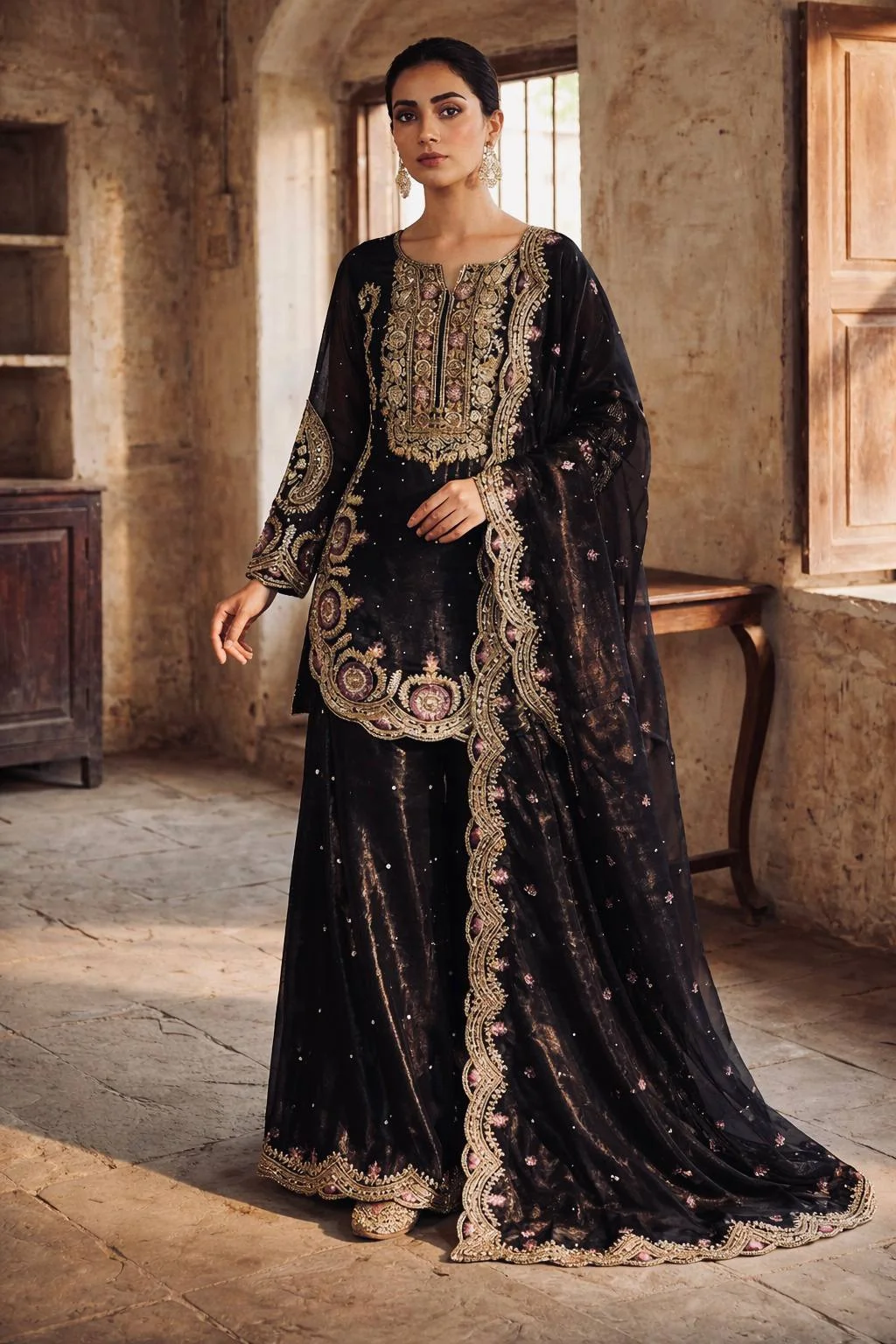 Luxury Pure GMY Silk Embroidered Plazzo Set with Moti Work