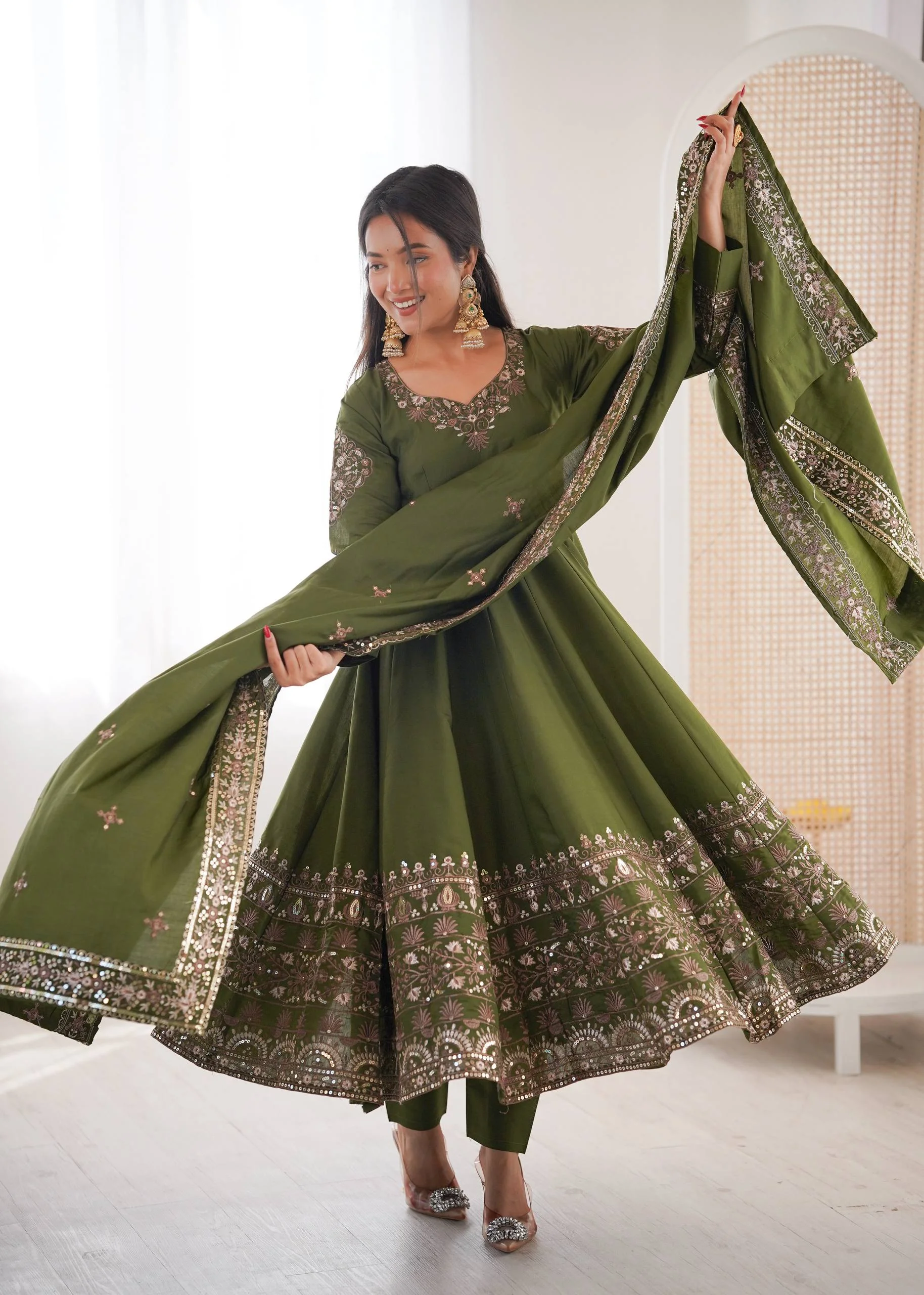 Opulent Roman Silk Green Anarkali Gown with Dupatta