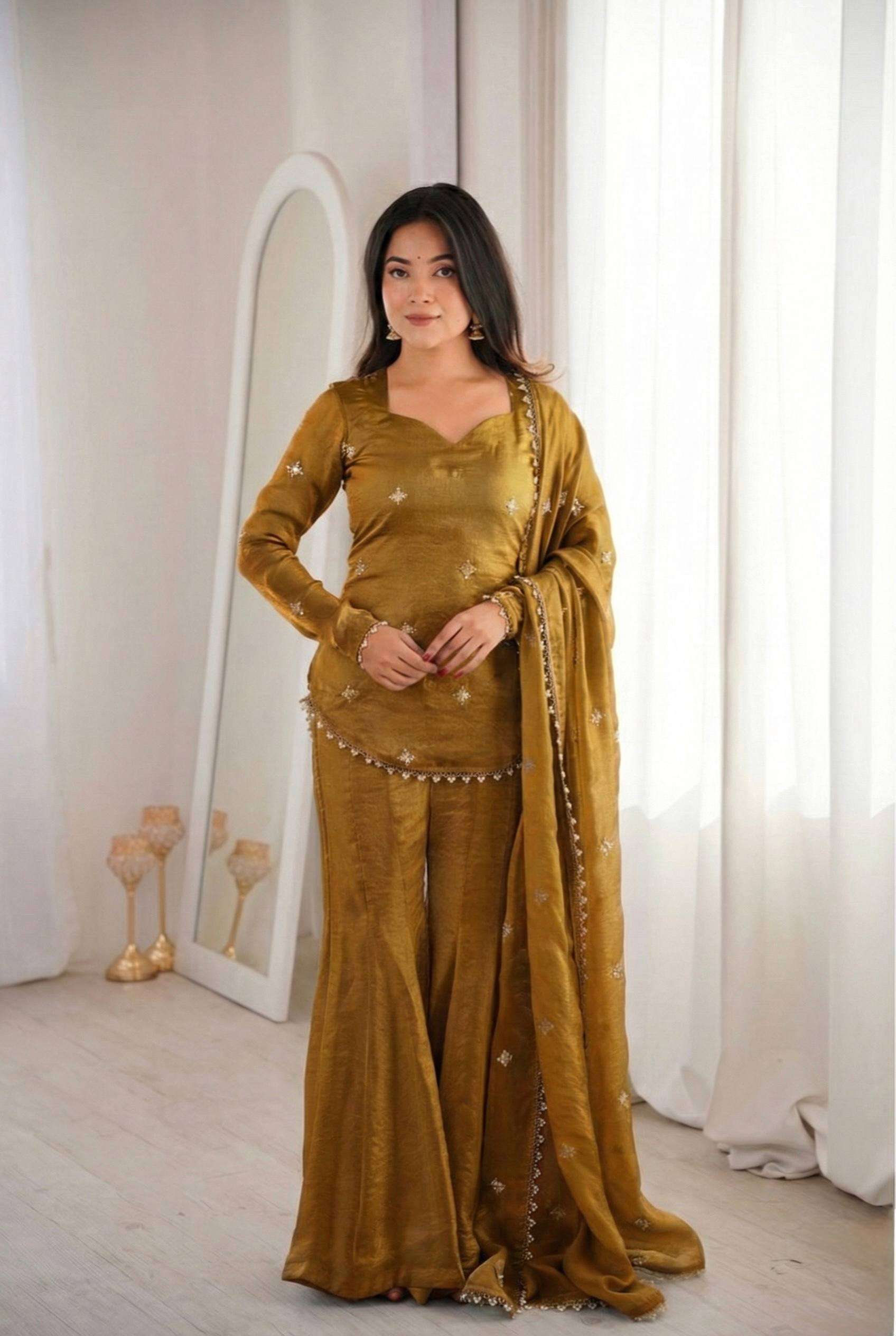 Graceful Mustard Party Wear Kurti Sharara Set for Eid