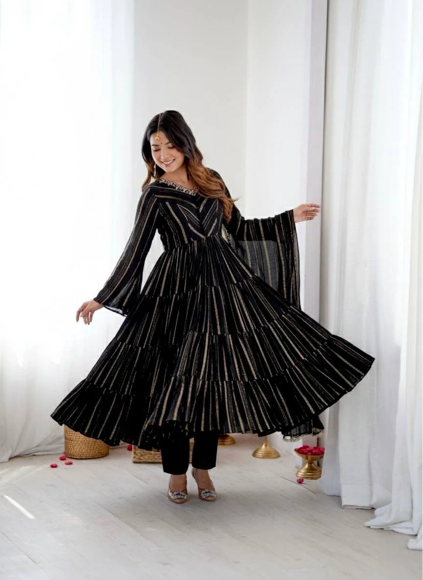 Radiant Mal Chanderi Ruffle Gown set with Artisan Mirror Detailing