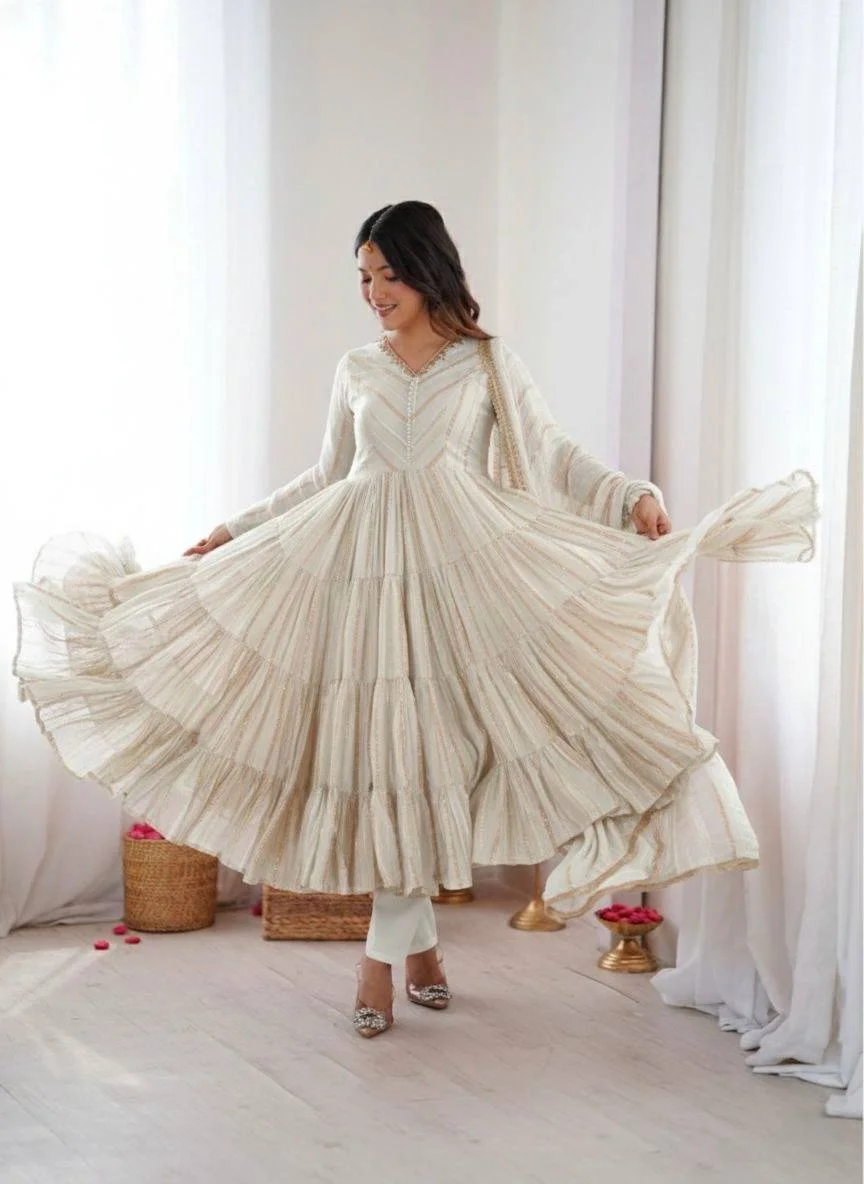 Graceful White Full Sleeve Ruffle Gown with Pant & Dupatta