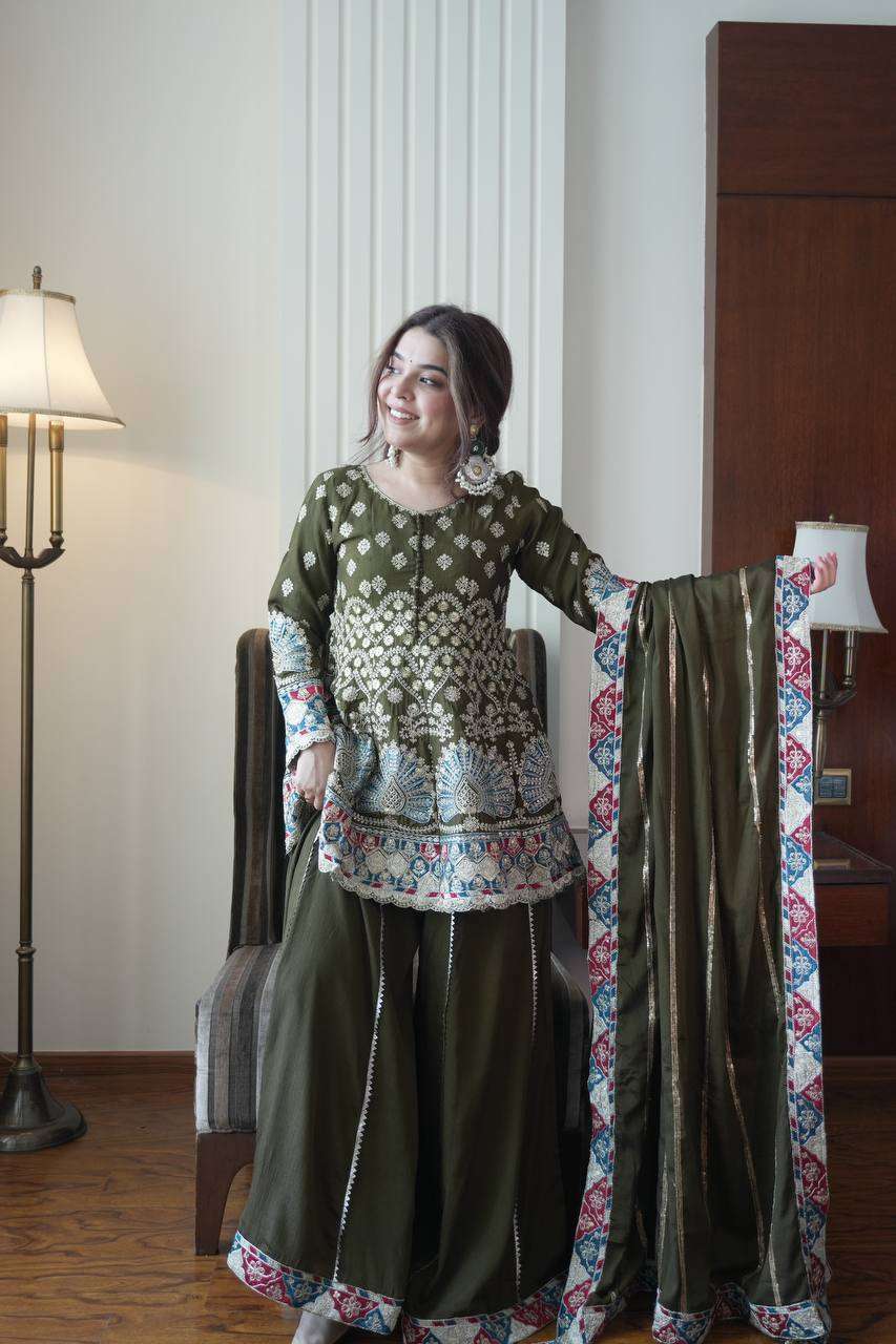 Chinon Festival Special Kurti Plazzo Set with Embroidery Work