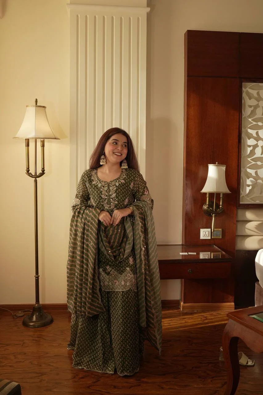 Party Wear Printed Chinon Kurti and Sharara with Embroidery Work