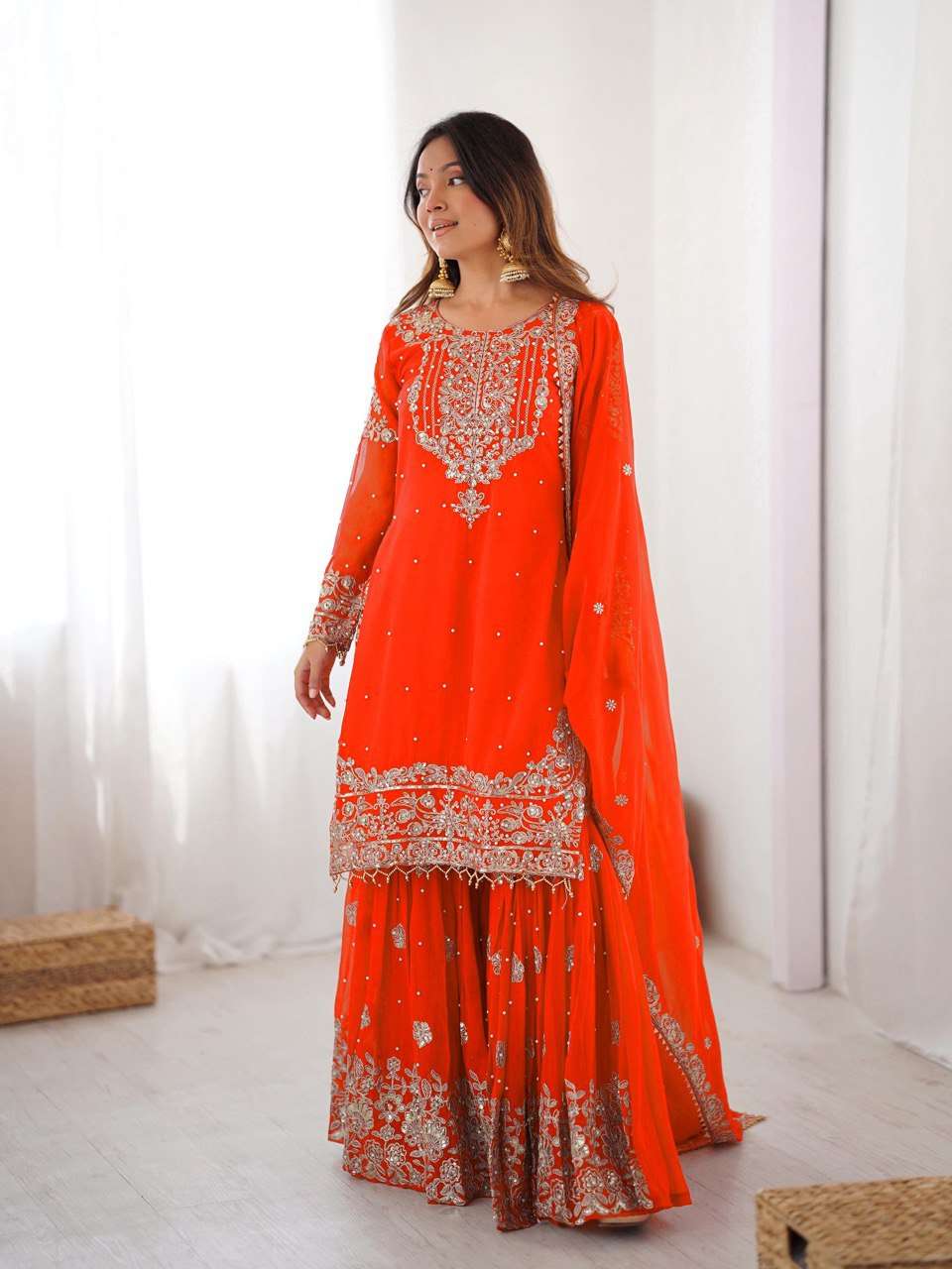 Orange Eid Special Faux Georgette Sharara Set with Cording Dori & Pearl Work