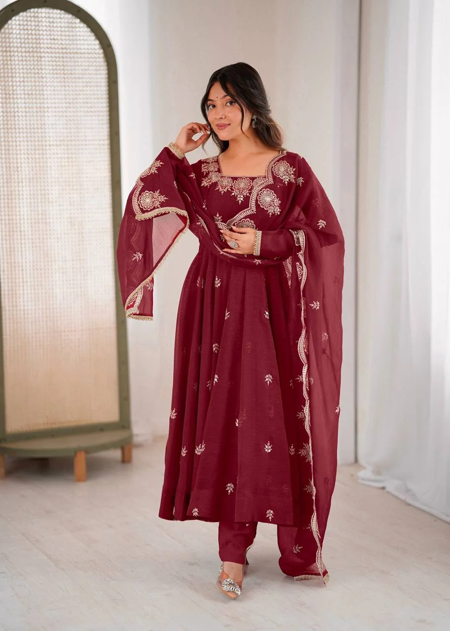 Elegant Embroidery Work Gown with Matching Dupatta