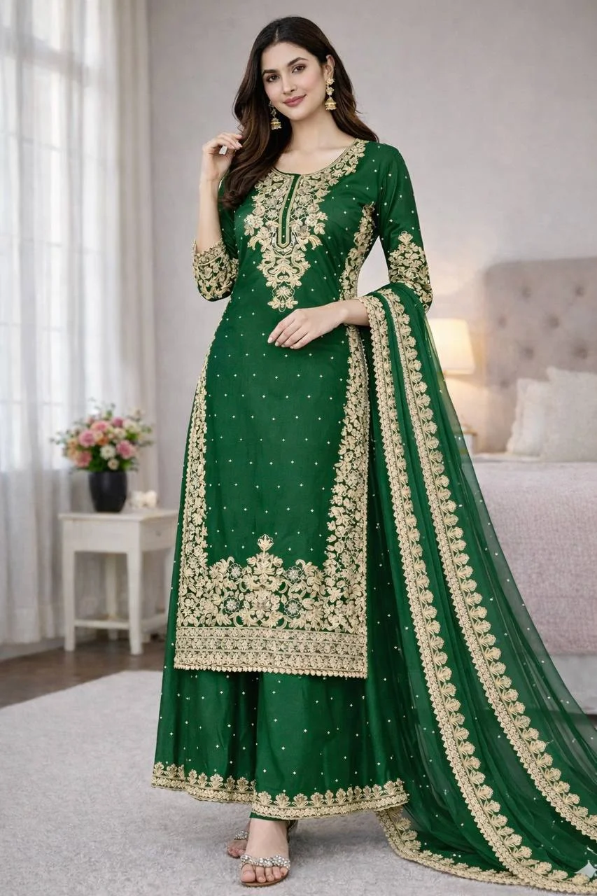 Festive Green Heavy Embroidery Plazzo Set - Eid Outfit