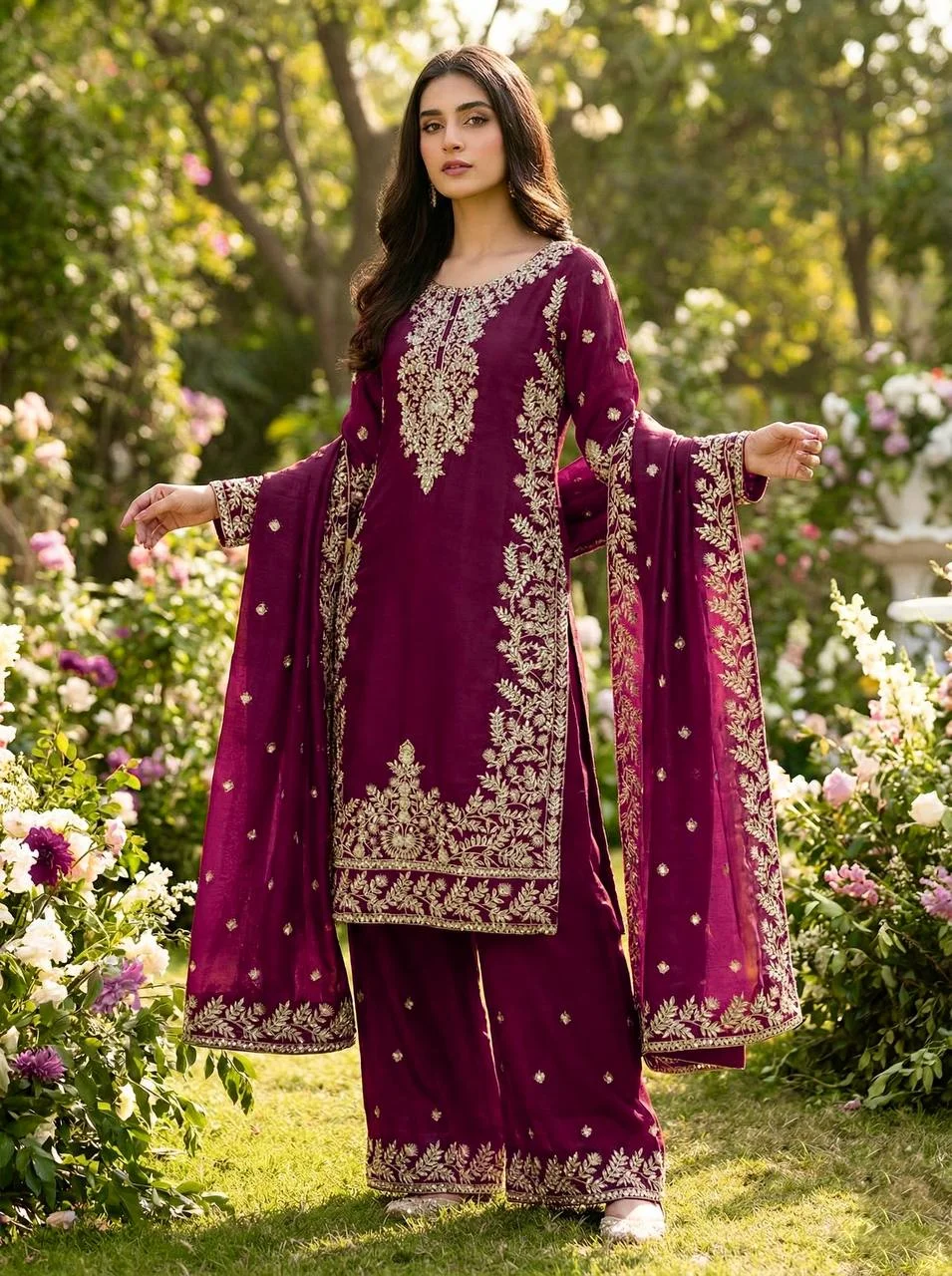 Exclusive Wine GMY Silk Designer Top Plazzo Set with Rich Embroidery