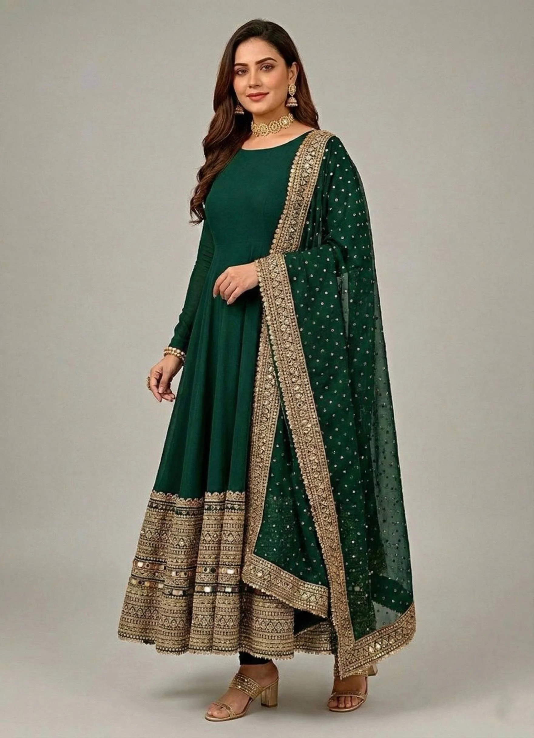 Royal Green Roman Silk Anarkali Set with Pant & Dupatta