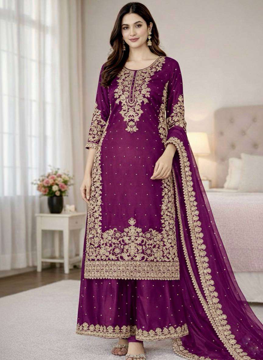 Elegant Wine GMY Silk Palazzo Set for Eid Celebration