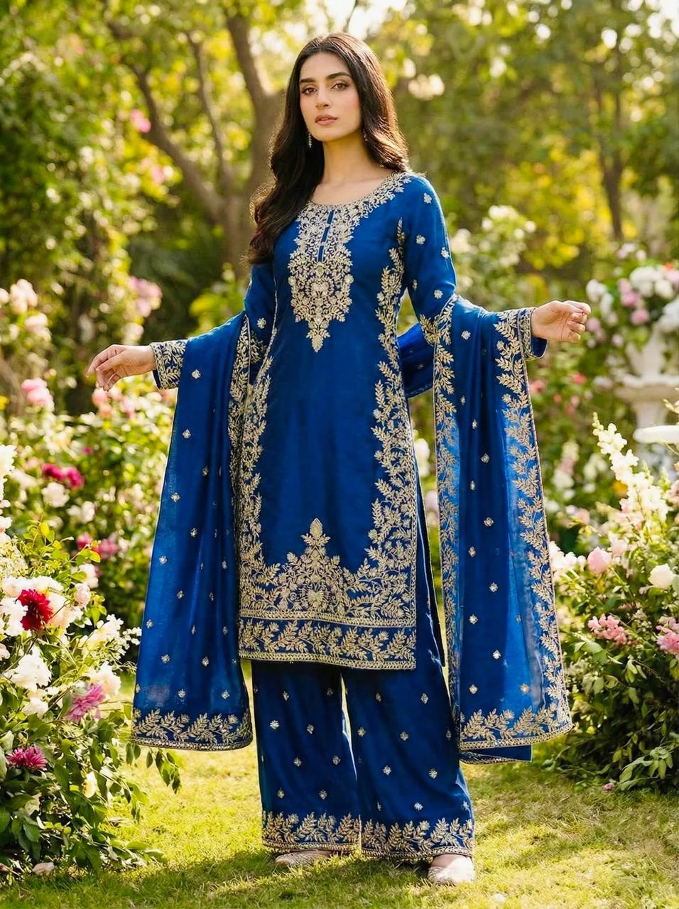 Premium Blue GMY Silk Top Plazzo Suit with Heavy Sequence Embroidery