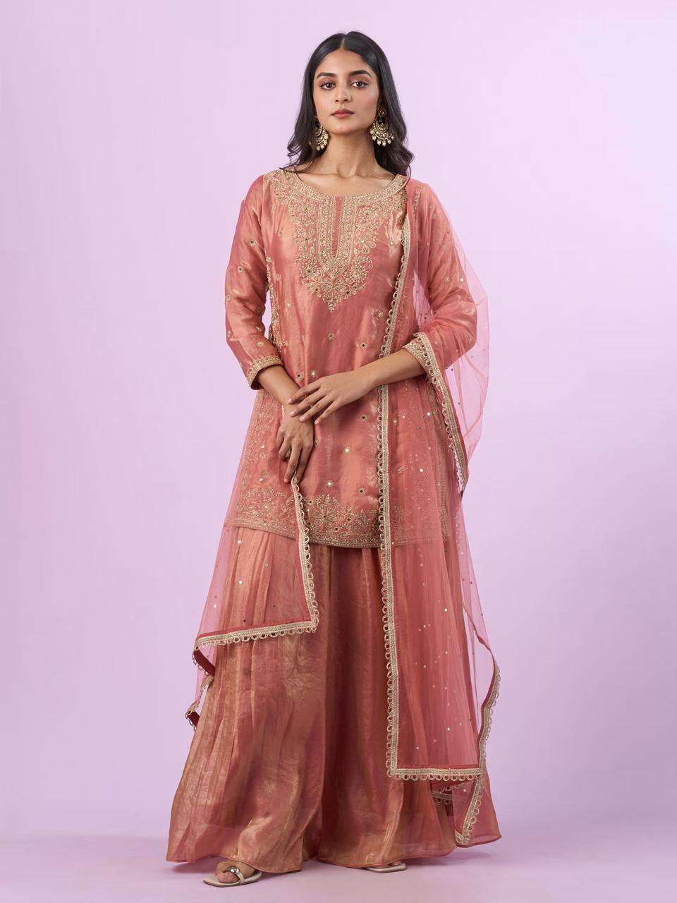 Peach Eid Party Wear Silk Plazzo Set with Sequence Embroidery