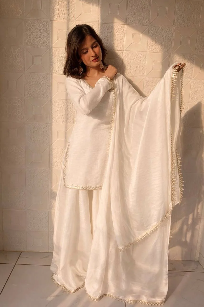 Graceful White Eidn Wear Silk Plazzo Set with Dupatta