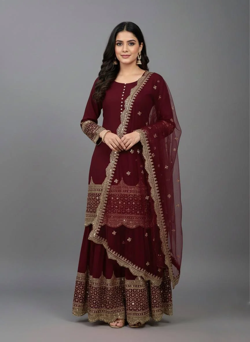 Maroon Eid wear Faux Georgette Top Sharara Set with Net Dupatta