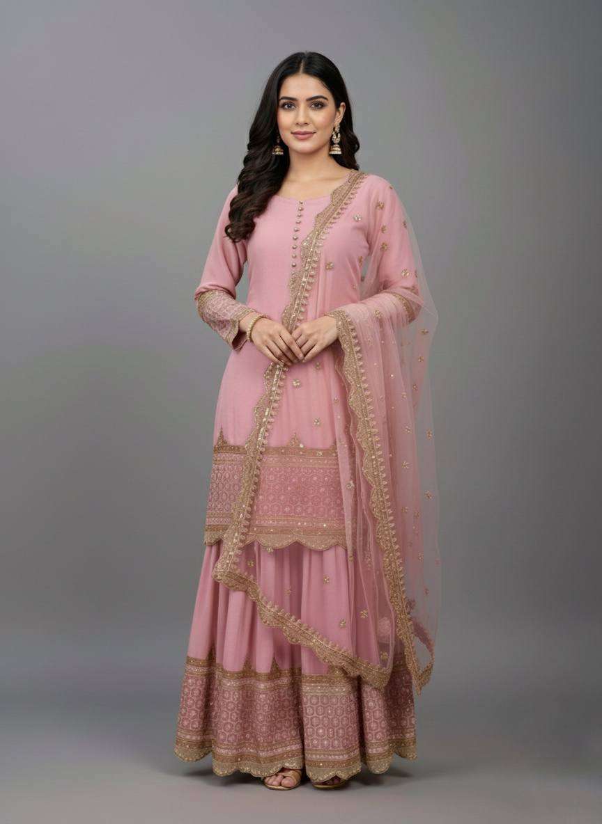 Graceful Pink Faux Georgette Top Sharara with Net Lace Dupatta