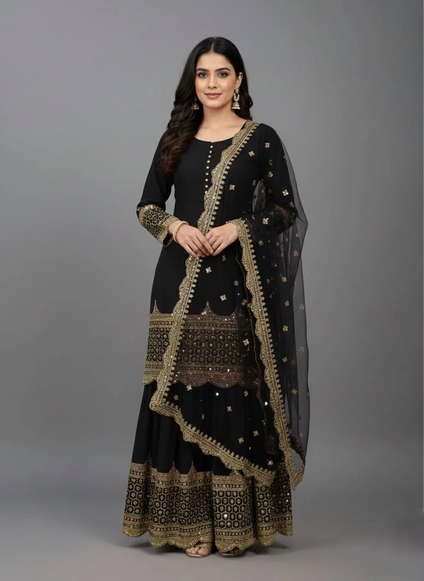Occasion Wear Black Designer Top Sharara Dupatta Set