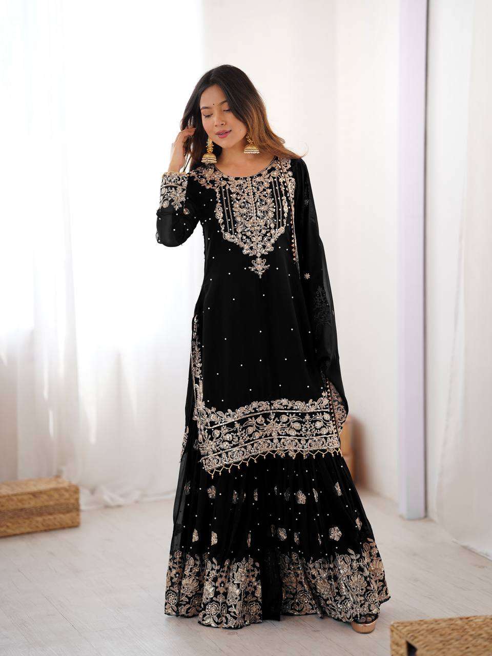 Luxury Black Faux Georgette Sharara Set – Eid Special