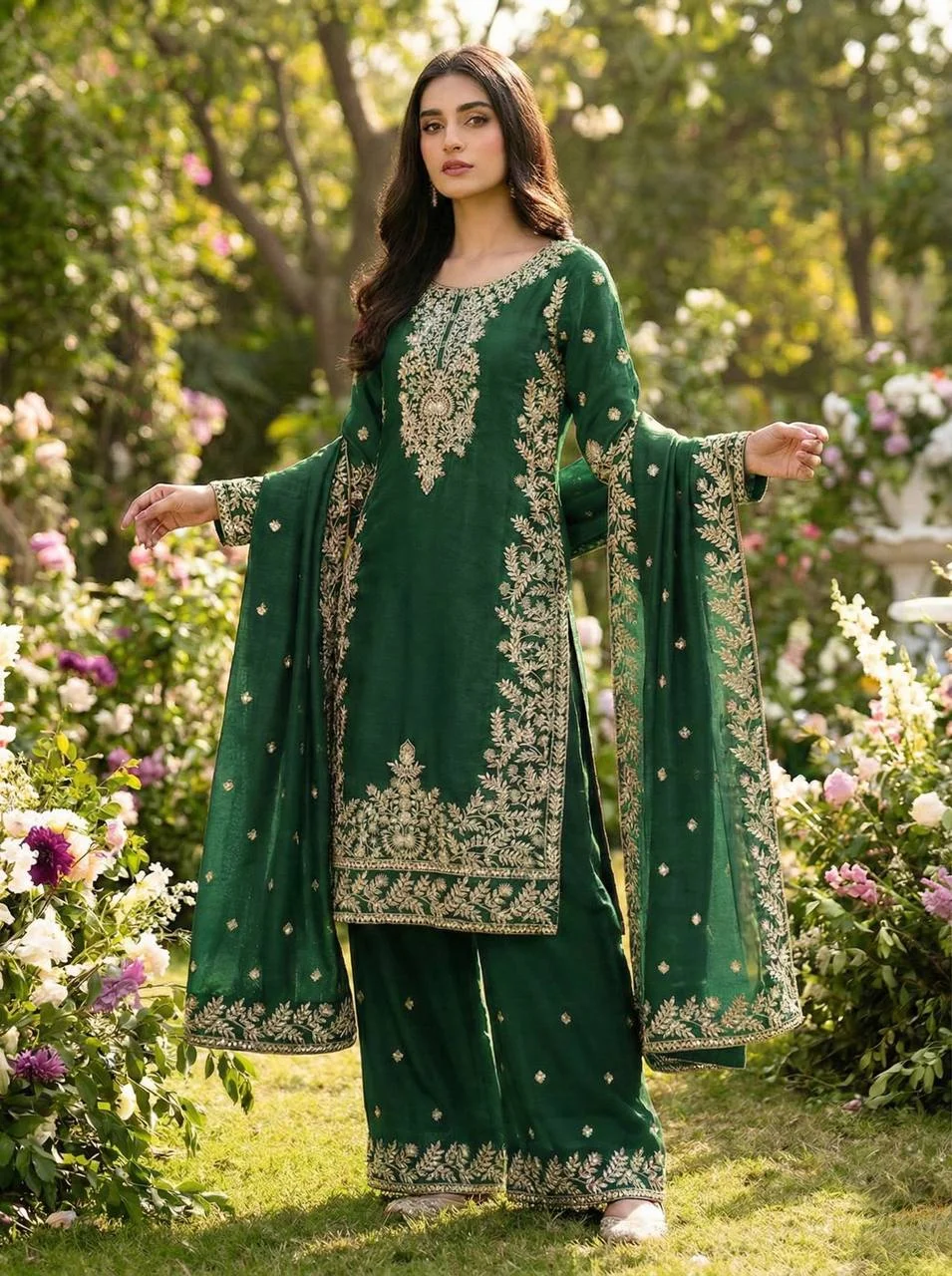 Royal Green GMY Silk Top Plazzo Set with Rich Embroidery