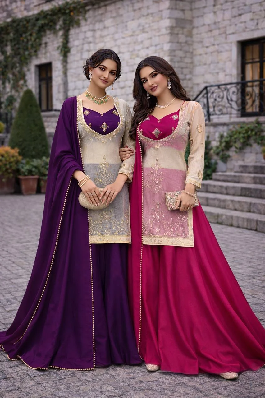 Eid Ready Fandy Silk Top–Chinon Silk Plazo Set with Lace Border Dupatta