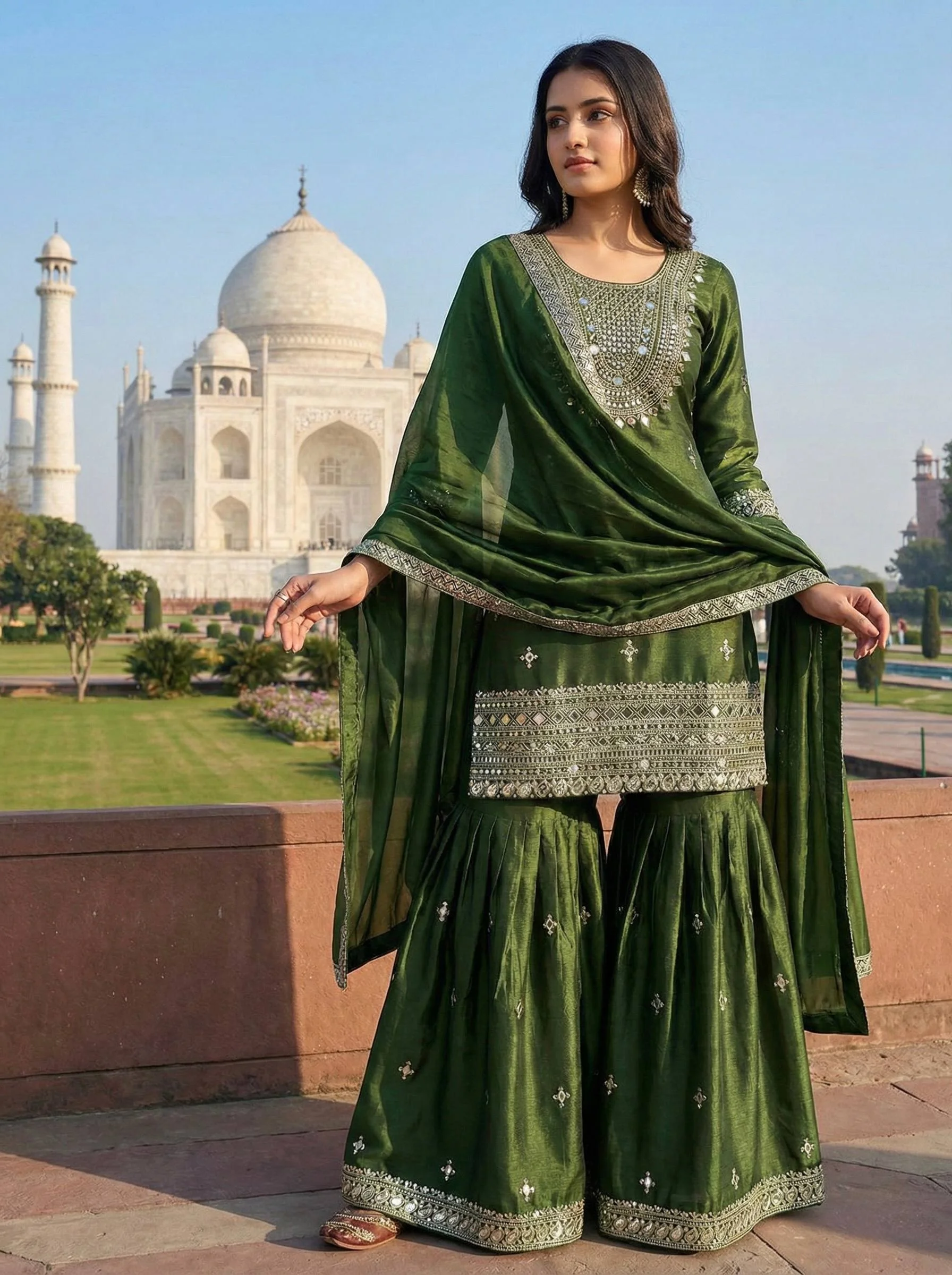 Premium Green GMY Silk Sharara Outfit with Embroidered Full Sleeves Top