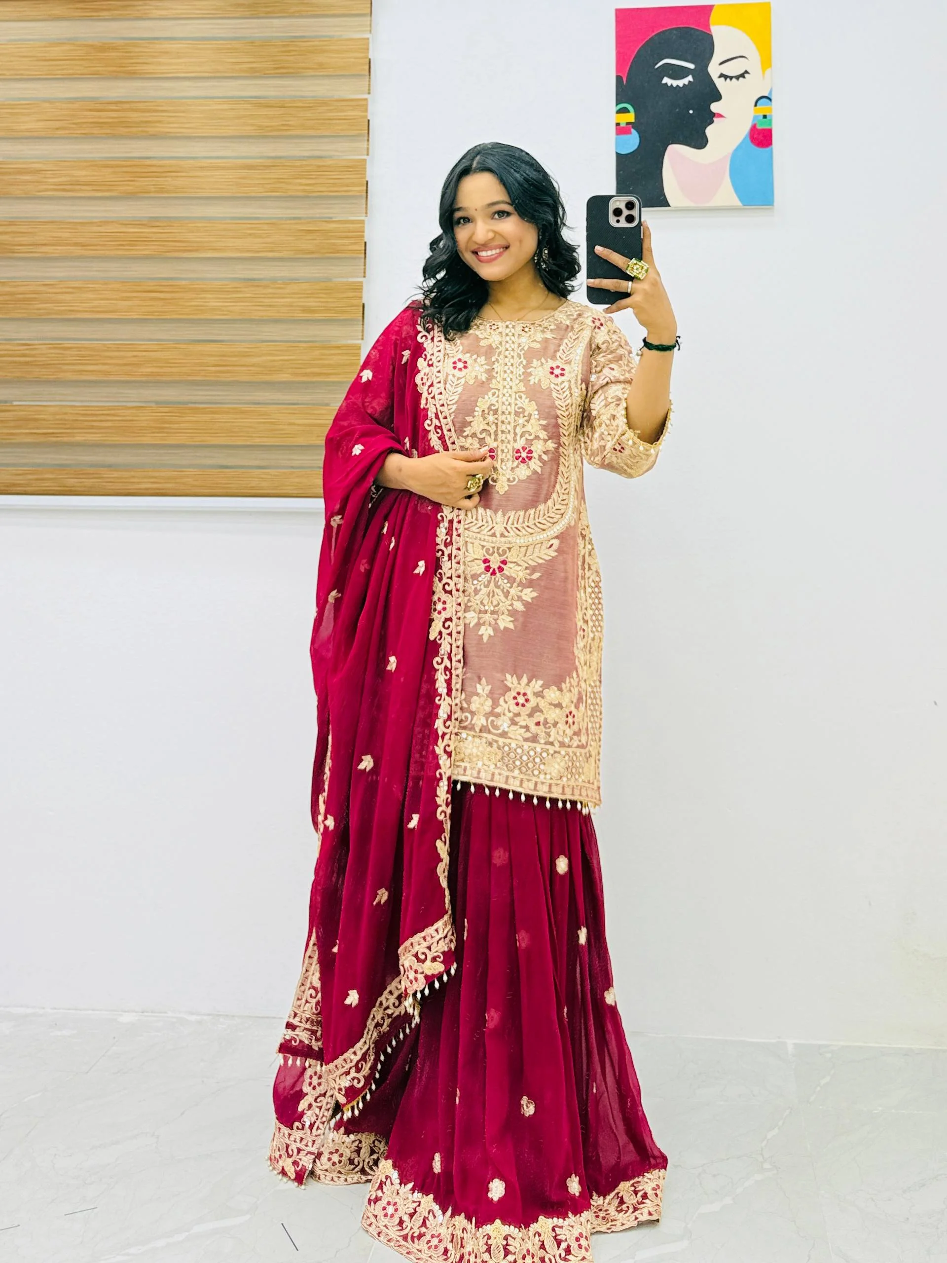 Crancy Silk Embroidery Top with Fox Georgette Palazzo Dupatta Set