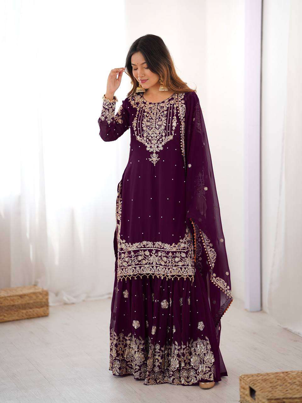 Wine Designer Eid Sharara Suit with Pearl Embroidery