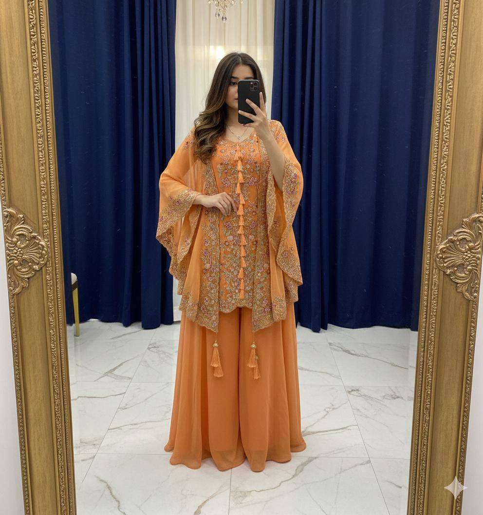 Premium Faux Georgette 3-Piece Set with Sequence Work Shrug