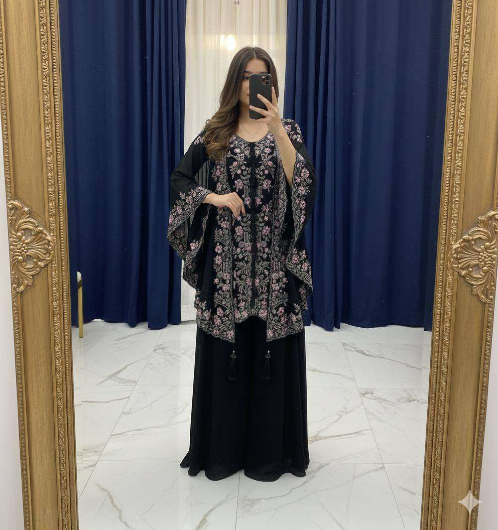 Luxury Black Sequence Embroidered Faux Georgette Top Plazzo and Shrug Set