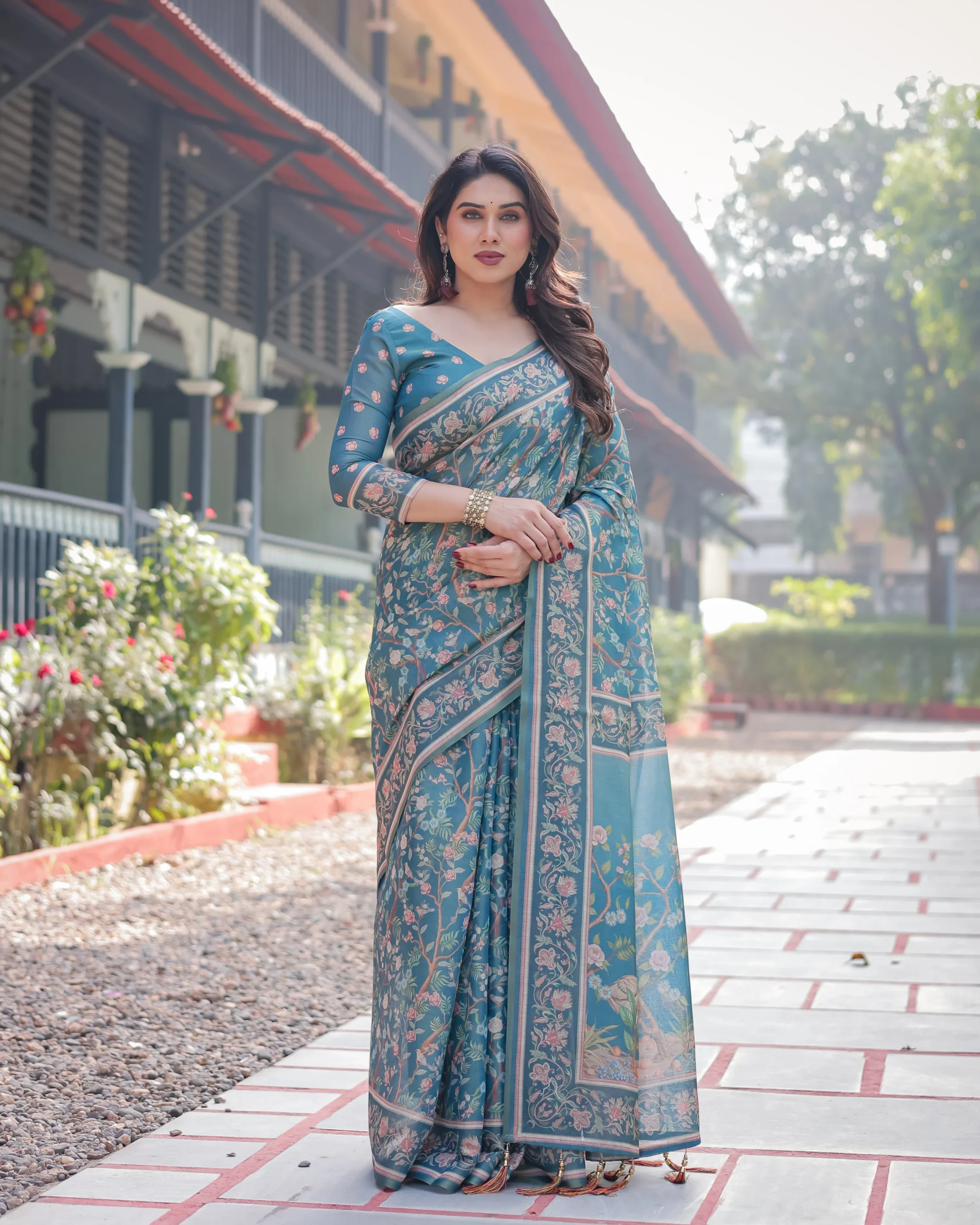 Pure Handloom Teal Blue Saree with Multicolor Floral Vine Print & Tassel Pallu