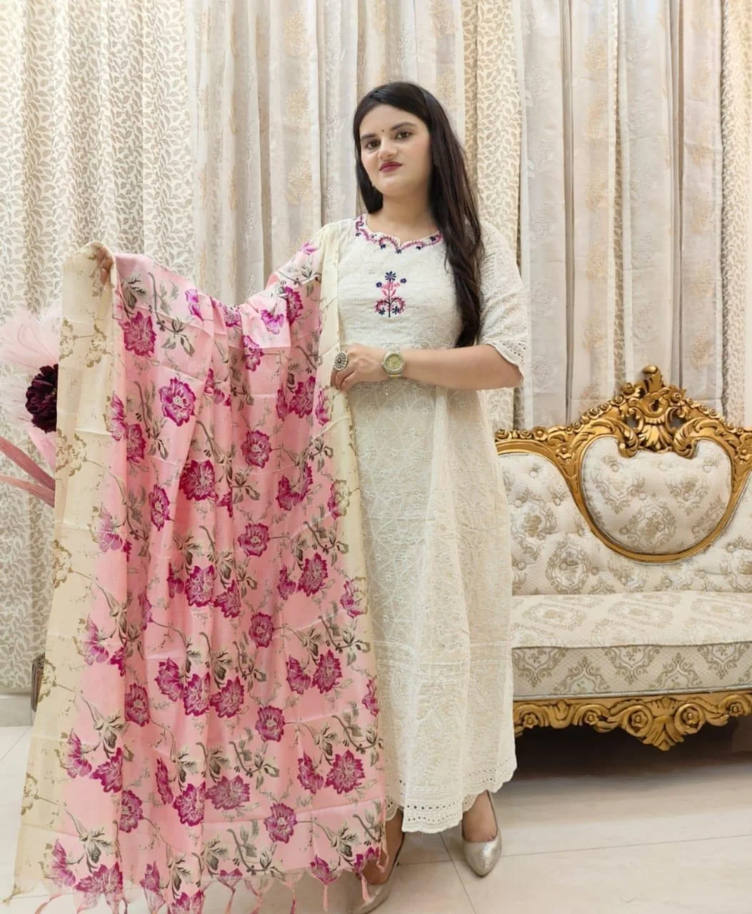 Elegant Hand Thread Embroidered Anarkali with Silk Dupatta