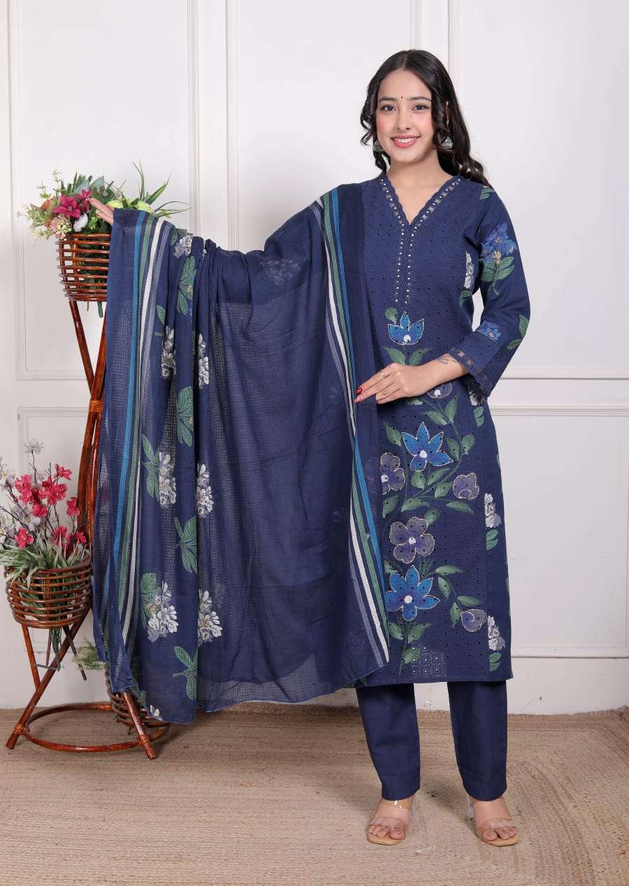 New Launch Cotton Schiffli Embroidered Kurti Pant Dupatta Set