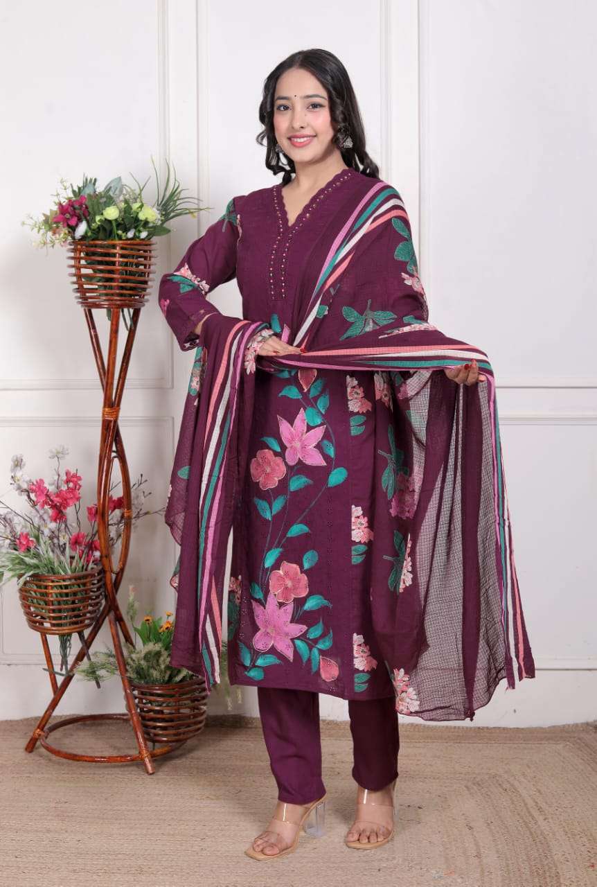 Premium Cotton Kurti Pant Set with Handbrush Print