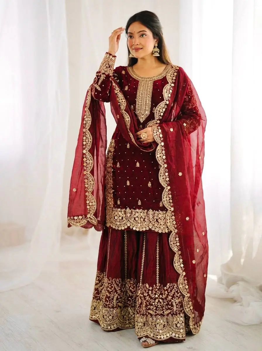Luxury Maroon Fendy Silk Partywear Palazzo Suit for Weddings & Eid