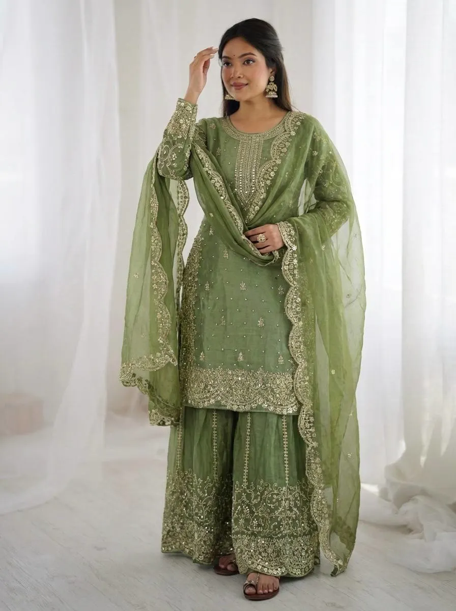 Festive Green Embroidered Kurta Palazzo Suit for Wedding Functions