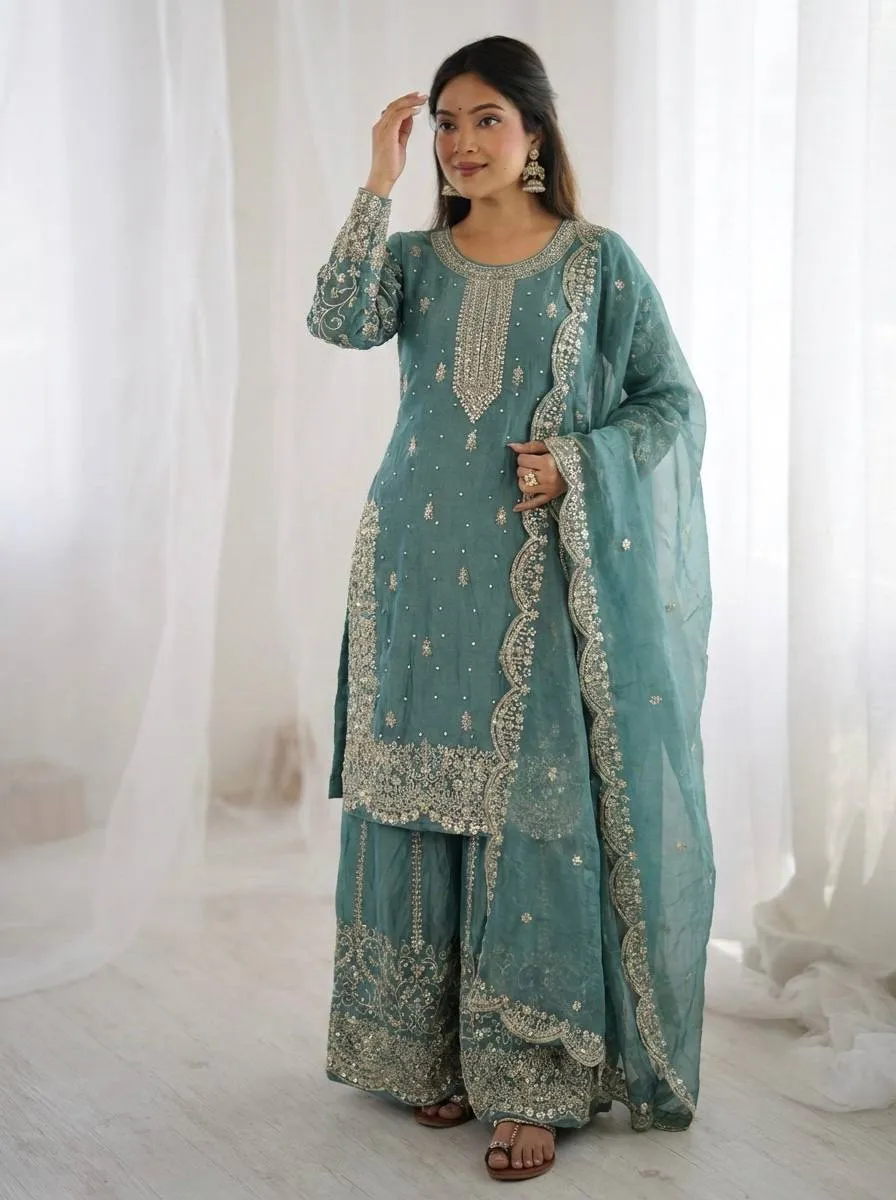 Elegant Rama Color Partywear Palazzo Set with Embroidery