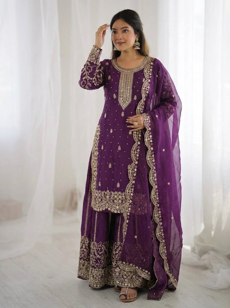 Royal Purple Embroidered Palazzo Suit with Designer Dupatta