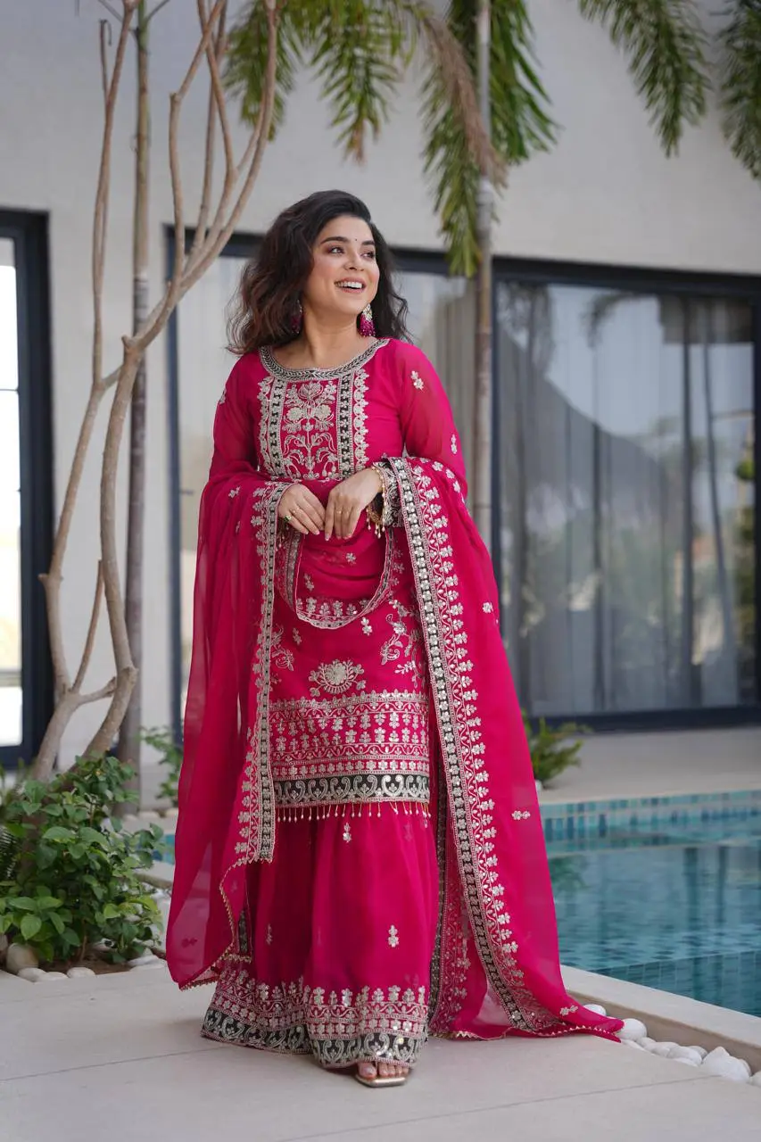 Rani Pink Georgette Embroidered Palazzo Suit with Dupatta