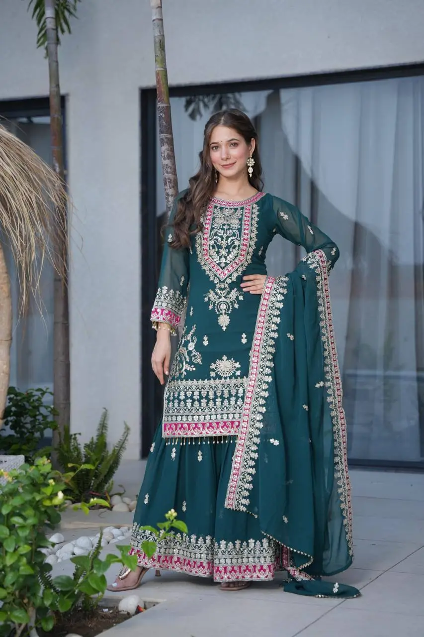 Bottle Green Sequins Embroidery Palazzo Suit for Weddings