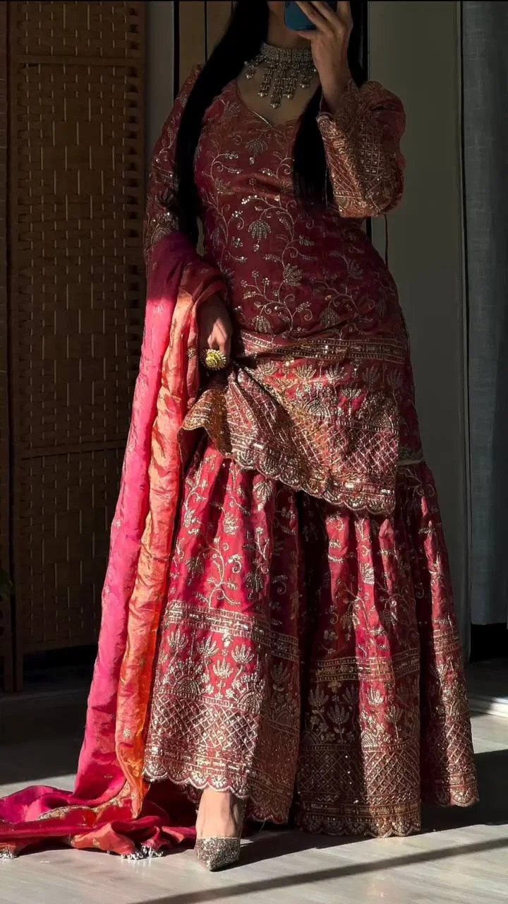 Deep Red Designer Wedding Sharara Palazzo Suit