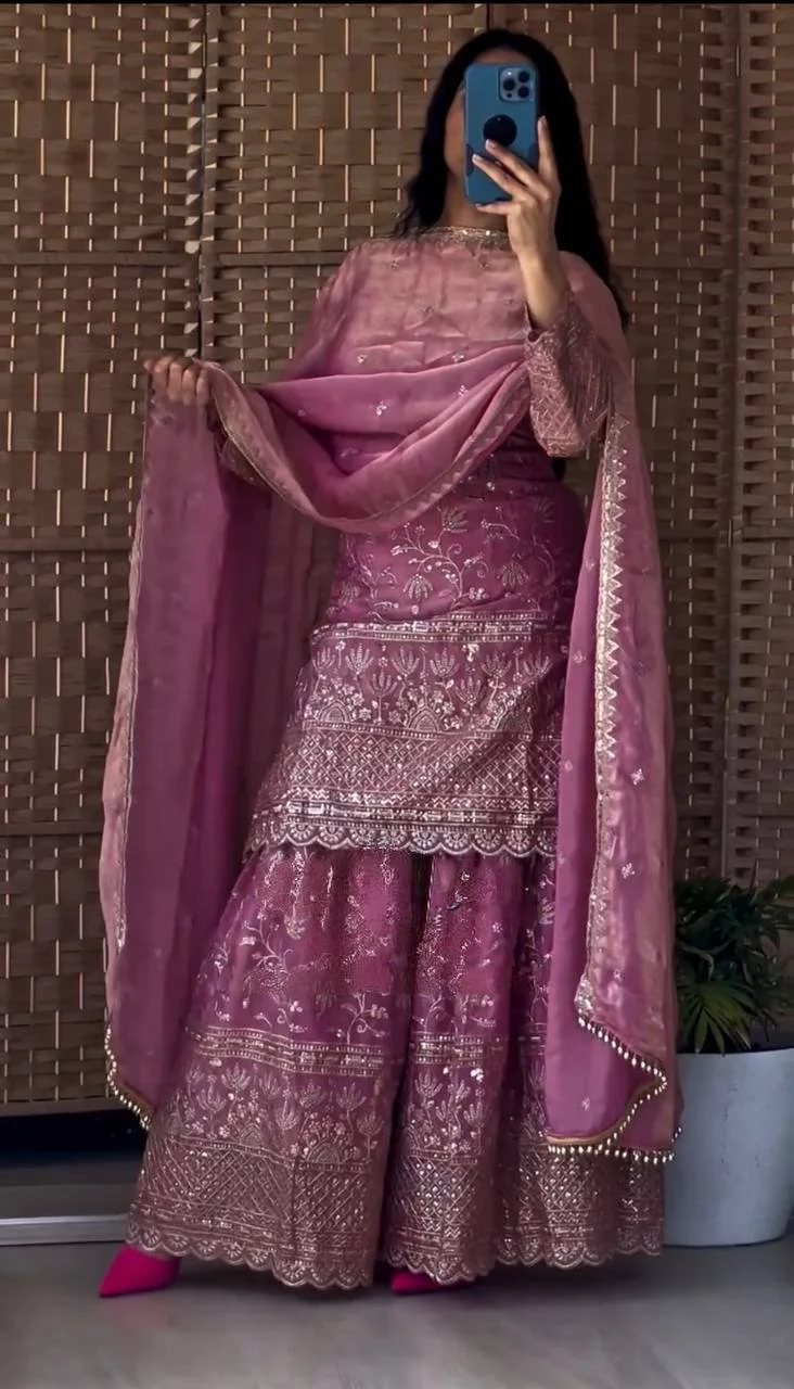 Rose Pink Embroidered Sharara Set with Heavy Sequins Work