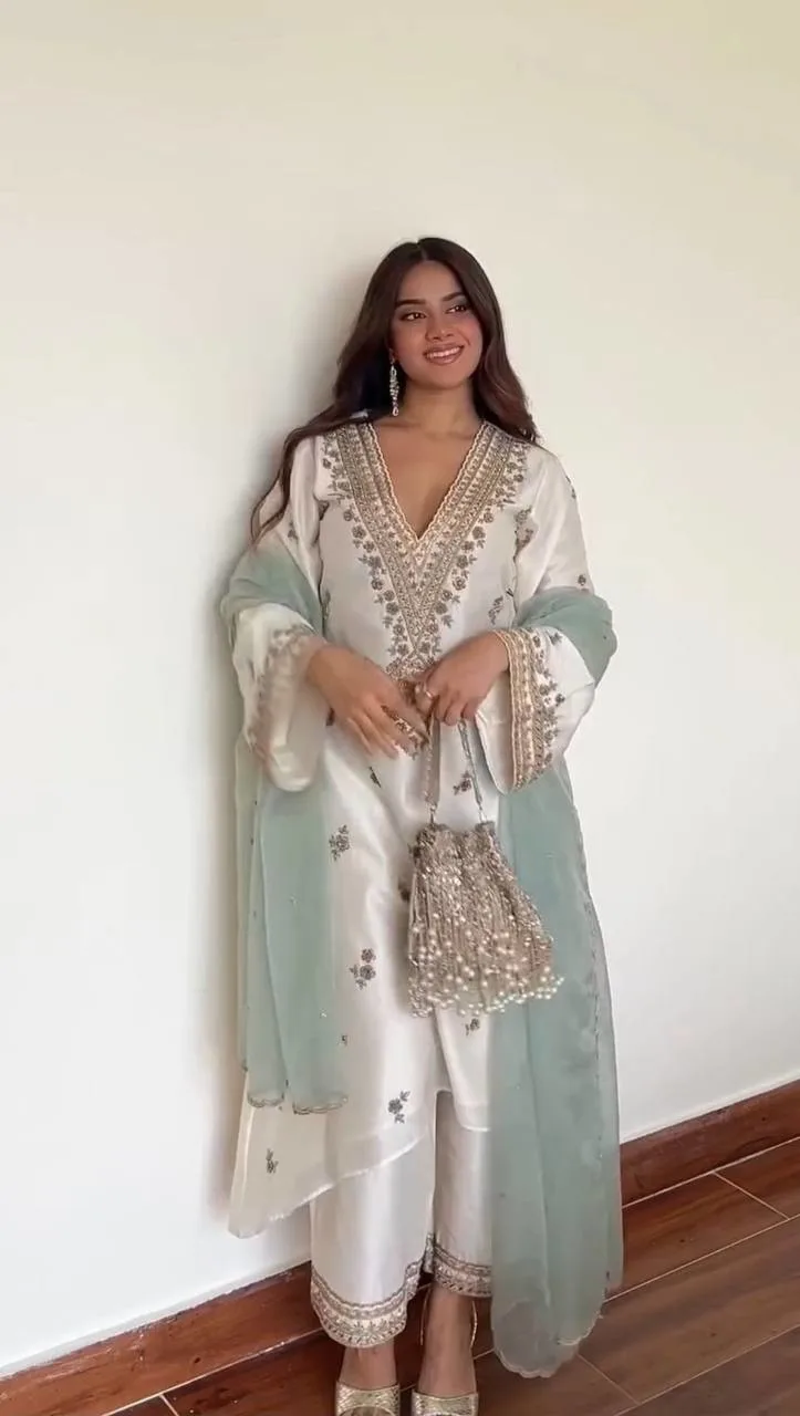 Soft Luxe Elegance: Roman Silk Suit Set with Sequence Embroidery & Organza Dupatta