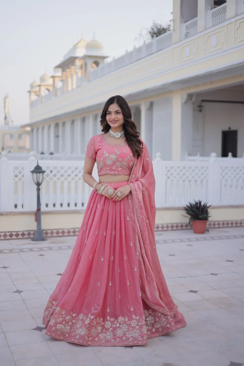 Classic Royal Charm: Embroidered Lehenga Set with Heavy Sequins & Zari Work