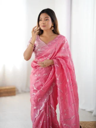 Rose Pink Glow Ready to Wear Saree with Thread & Sequin Work Blouse