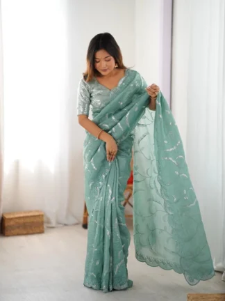 Dusty Teal Green Ready To Wear Saree With Designer Sequin Blouse
