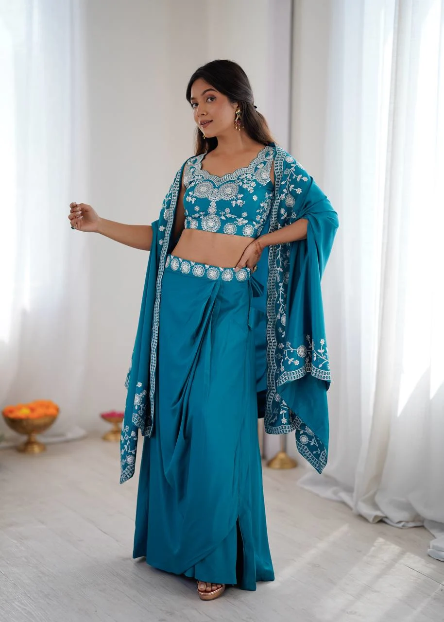 Elegant Teal Blue Co-ord Set- Western Dhoti & Designer Choli With Sequence Shrug