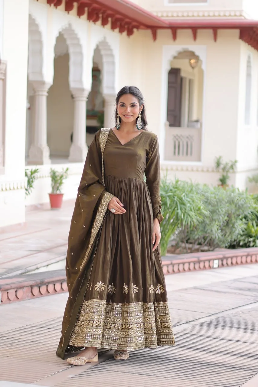 Ethnic Royalty: Heavy Sequins Work Gown with Premium Dupatta Set