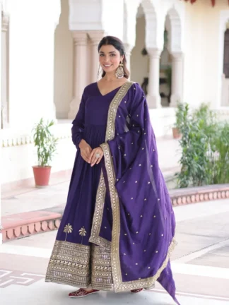 Regal Charm: Vichitra Silk Gown with Fancy Neck & Embroidered Dupatta