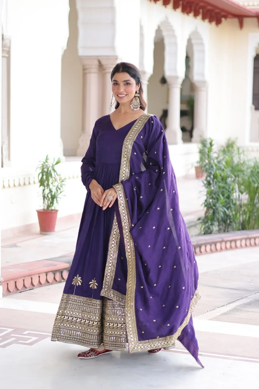 Regal Charm: Vichitra Silk Gown with Fancy Neck & Embroidered Dupatta