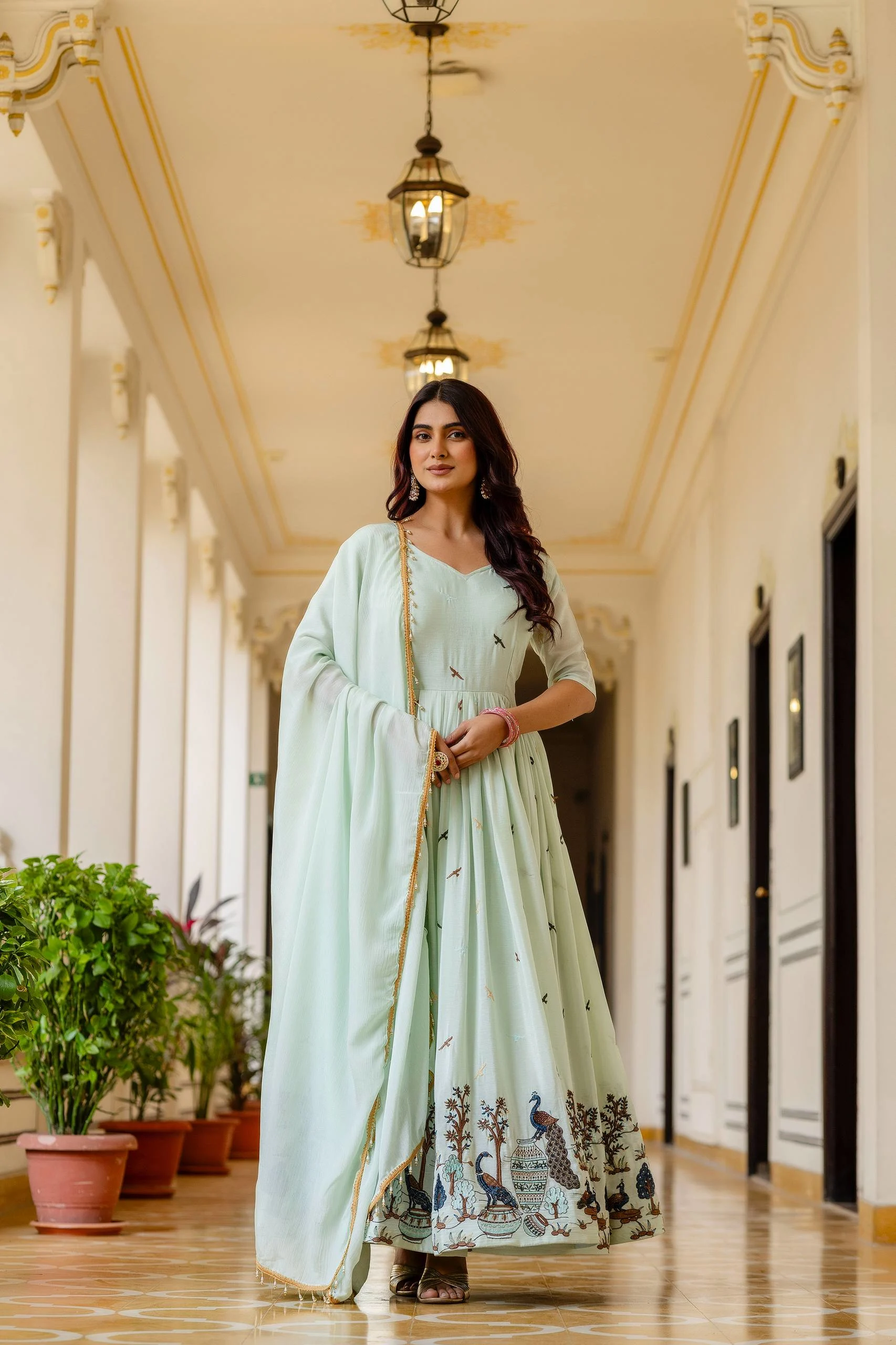 Glamorous Festive Look: Embroidered Chinon Gown with Grand Flair