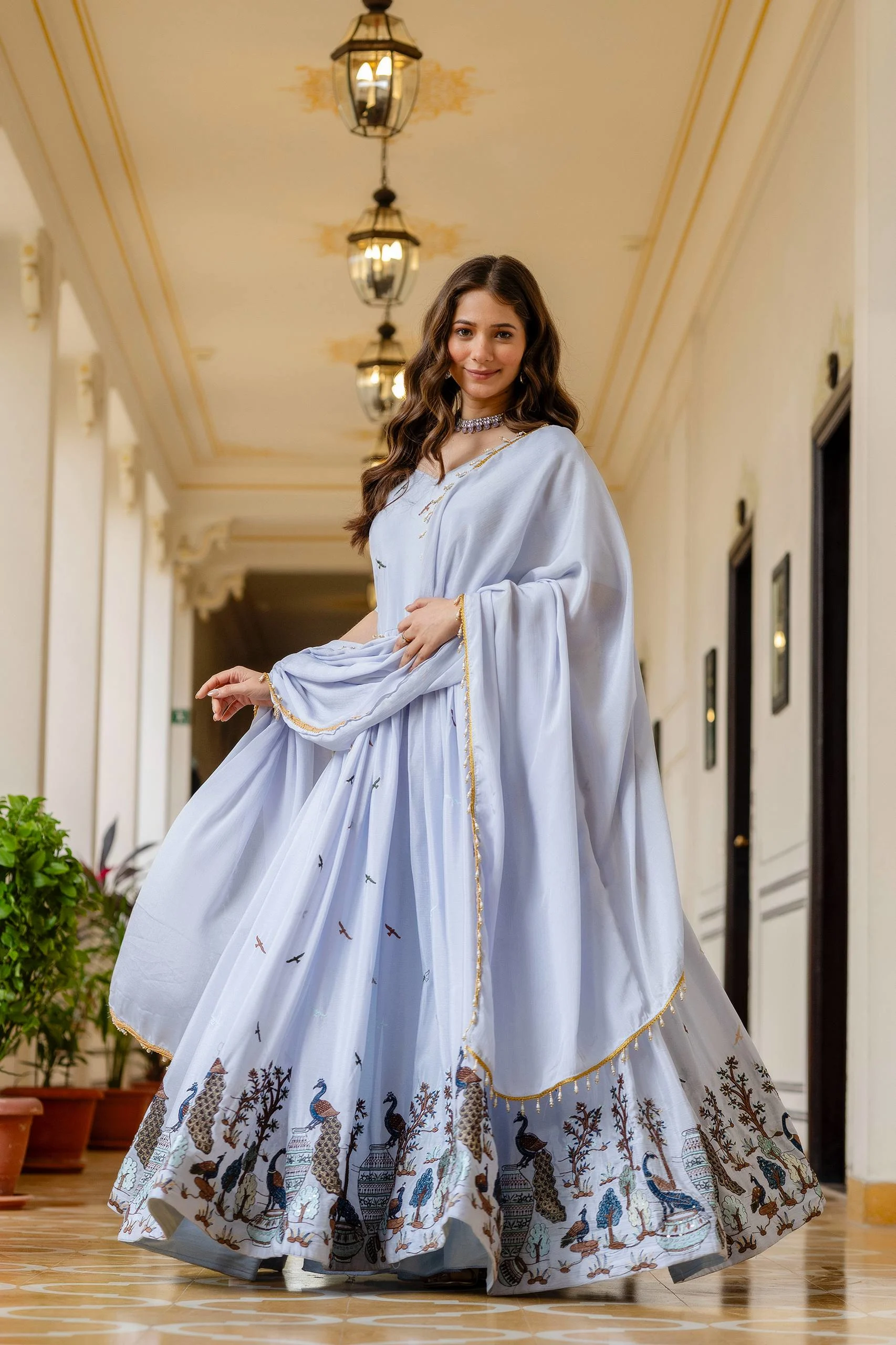 Classic Elegance: Chinon Gown with Intricate Embroidery & Lace Border