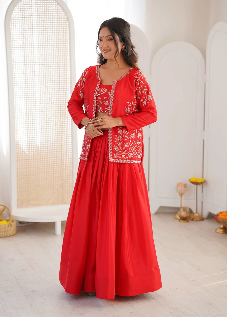 Red Aura Chinnon Silk Lehenga with Designer Jacket Style Rich Look Koti
